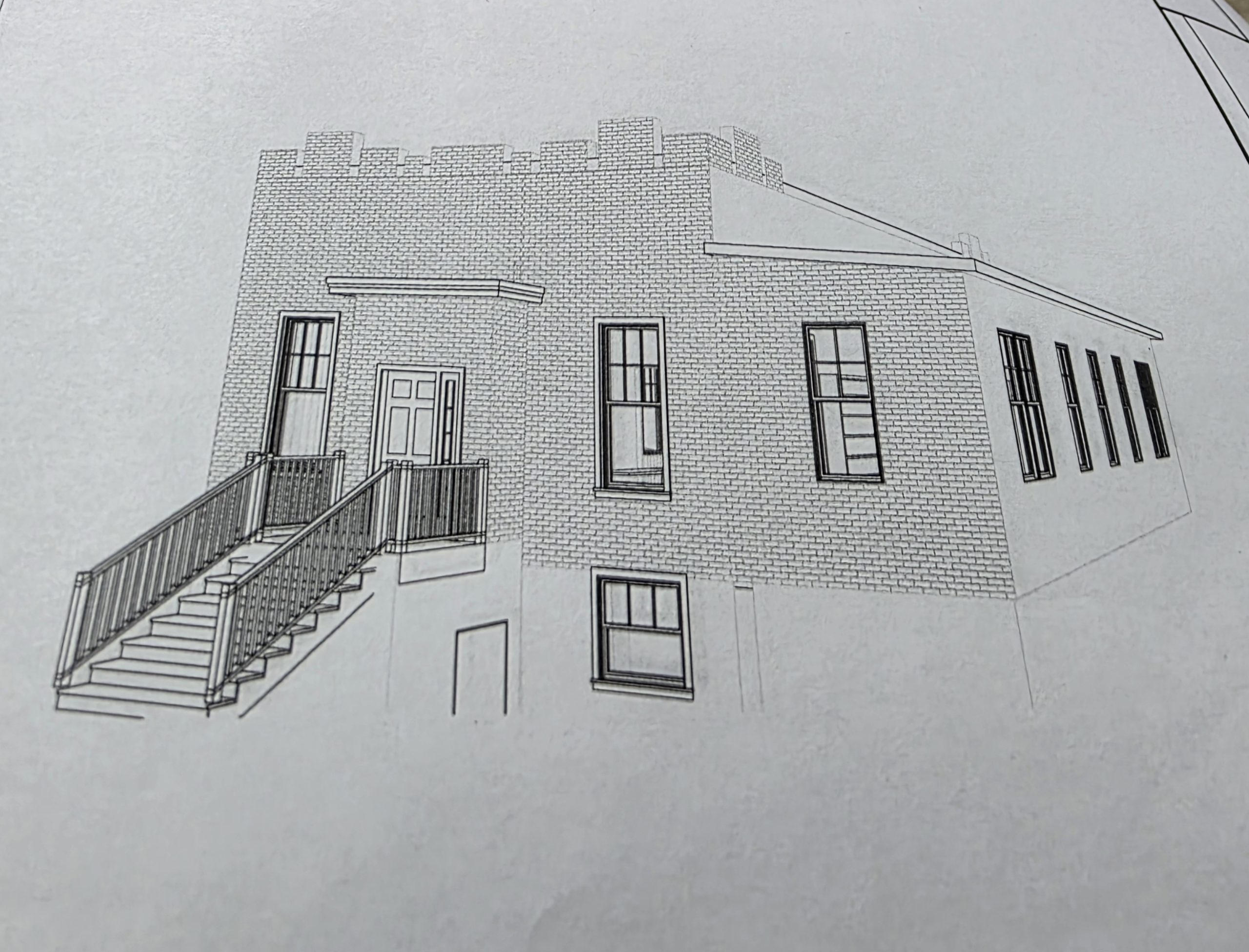 sketch of the cornell public library with the addition added on to he buliding to the right.