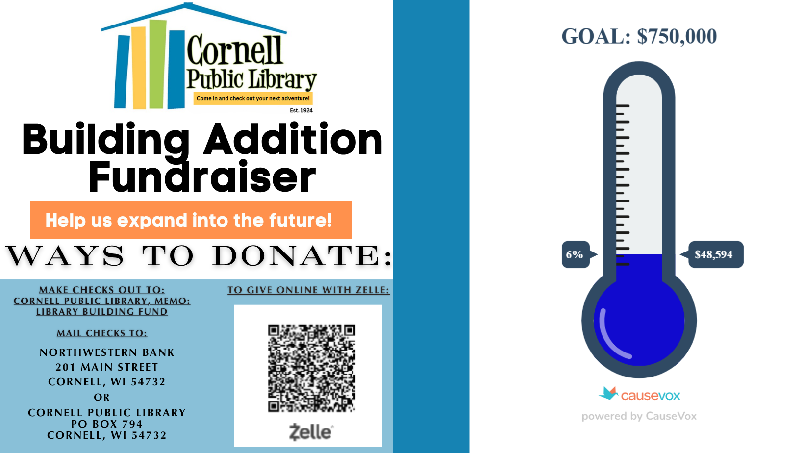 Picture of four female library staff members, with information on building fundraiser.
